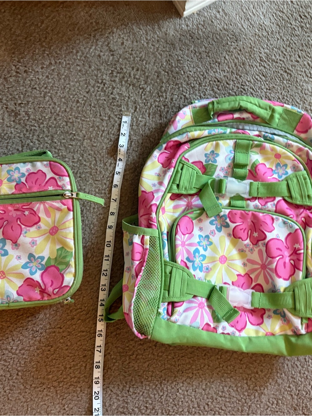 Pottery Barn Kids Pink Floral Backpack with Green Trim and Matching Lunch Bag